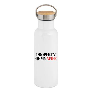 Propriété de ma femme - Gourde isotherme avec bouchon en bambou - blanc - Droite