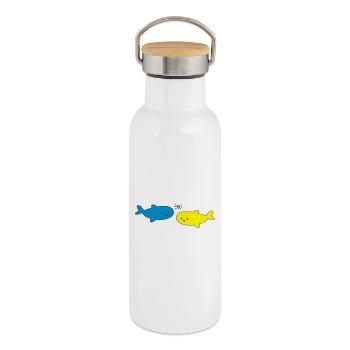 Fröhliche Fische Blau Gelb - Thermosflasche mit Bambusdeckel - Weiß - Rechts