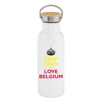 Keep Calm & Love Belgium - Gourde isotherme avec bouchon en bambou - blanc - Droite