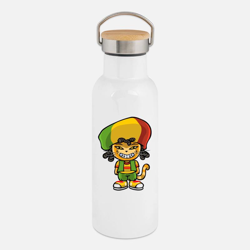 Reggae chat - Gourde isotherme avec bouchon en bambou - blanc