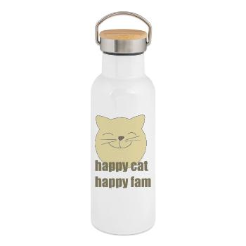 happy cat happy fam - Thermal Bottle with Bamboo Lid - white - Right