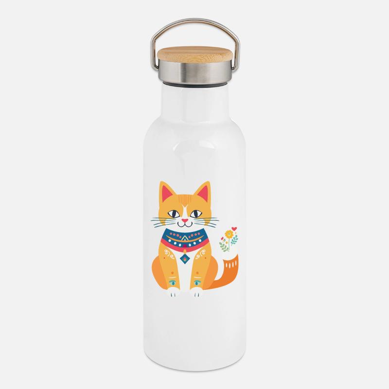 cute folklore cat - Thermal Bottle with Bamboo Lid - white