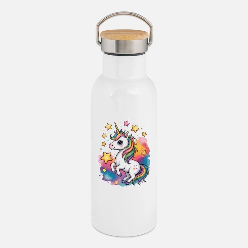 Bunter Einhorn mit Sternen und Regenbogen - Thermosflasche mit Bambusdeckel - Weiß