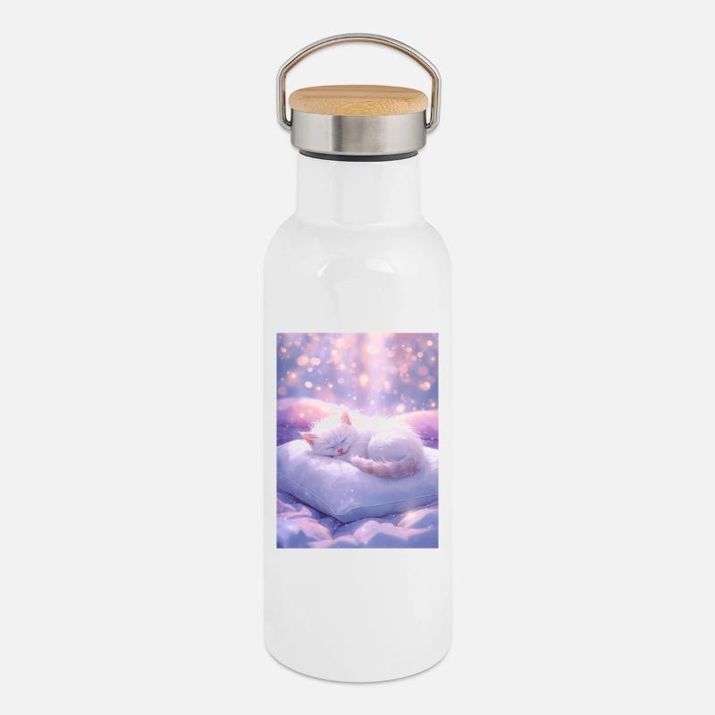 Verträumte schlafende Katze mit funkelndem Hintergrund - Thermosflasche mit Bambusdeckel - Weiß