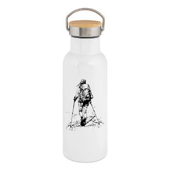 Femme, randonneuse, amoureuse de la nature - Gourde isotherme avec bouchon en bambou - blanc - Droite