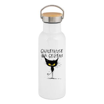 Grimmige Katze - Grinsekatze war gestern - Thermosflasche mit Bambusdeckel - Weiß - Rechts