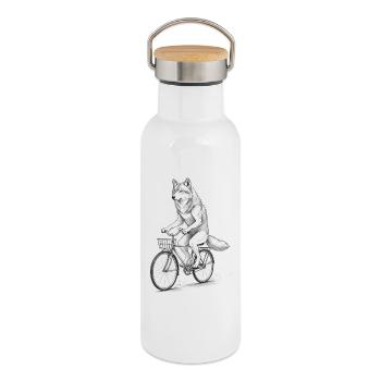 Wolf Cyclist on Bike - Thermal Bottle with Bamboo Lid - white - Right