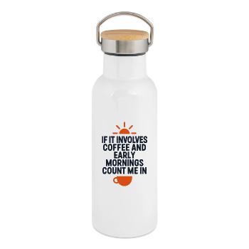 Early Morning Coffee Saying Caffeine - Thermal Bottle with Bamboo Lid - white - Right