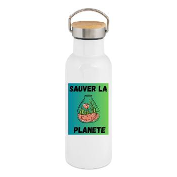 JOUR DE LA TERRE. ECOLOGIE. PLANETE. ENVIRONNEMENT - Gourde isotherme avec bouchon en bambou - blanc - Droite