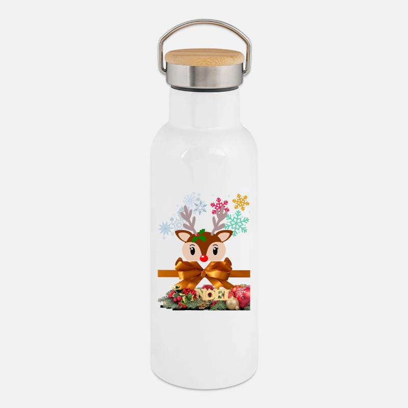Renne de Noël enjoué - Gourde isotherme avec bouchon en bambou - blanc