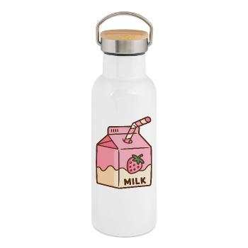 Erdbeer-Milch-Karton - Thermosflasche mit Bambusdeckel - Weiß - Rechts