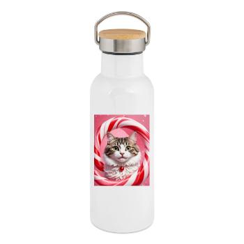Chat de Noël en conception d’anneau de bonbons - Gourde isotherme avec bouchon en bambou - blanc - Droite