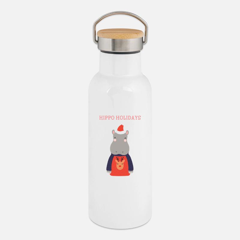 Nilpferd - Thermosflasche mit Bambusdeckel - Weiß