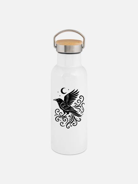 Rauhnächte Corbeau avec Lune et Étoiles - Gourde isotherme avec bouchon en bambou - blanc