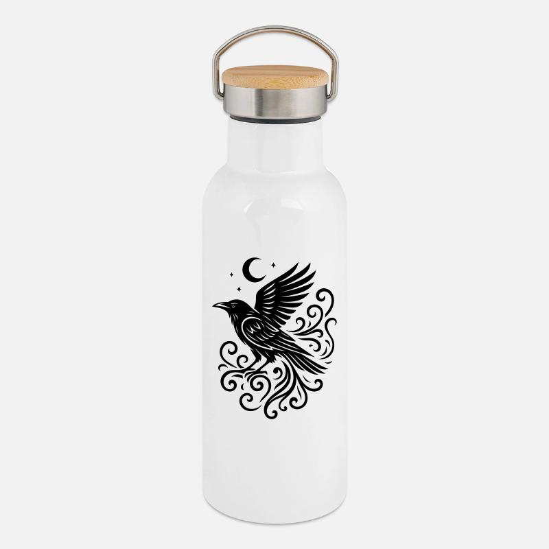 Rauhnächte Raven con Luna e Stelle - Borraccia termica con tappo in bambù - bianco