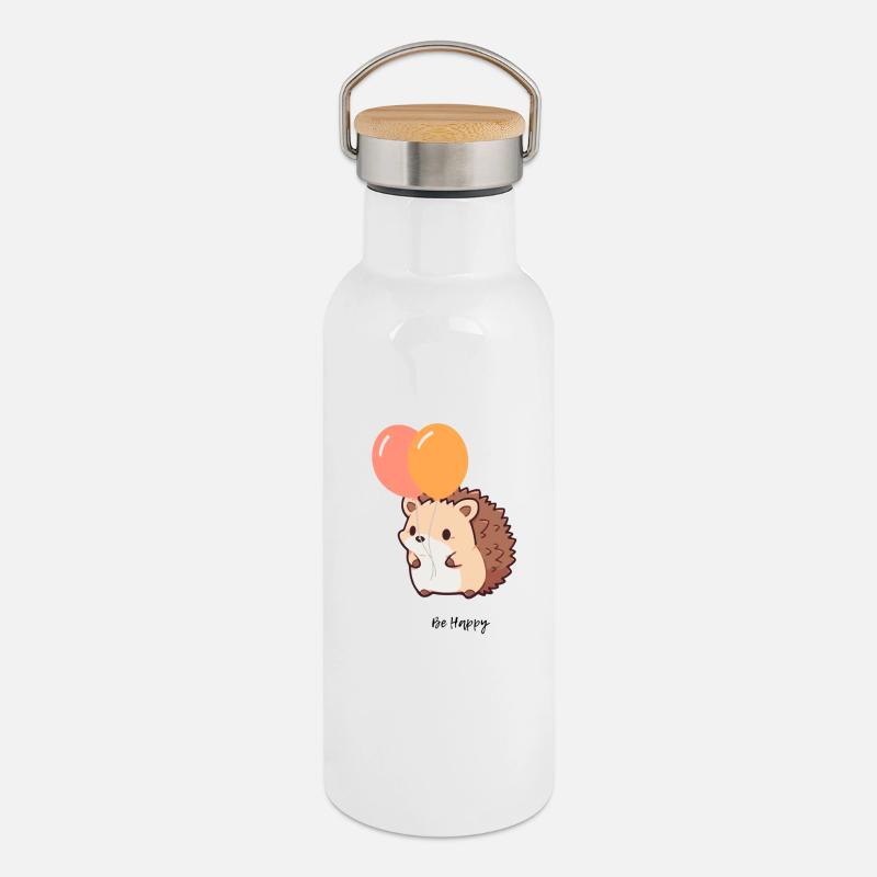 Cute Hedgehog - Thermal Bottle with Bamboo Lid - white