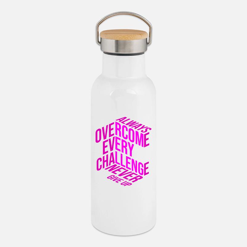 Never give up - Thermosflasche mit Bambusdeckel - Weiß