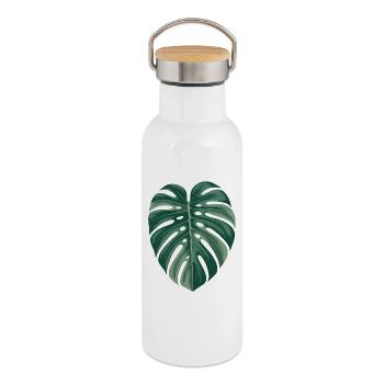 Tropische Monstera-Blatt-Illustration - Thermosflasche mit Bambusdeckel - Weiß - Rechts