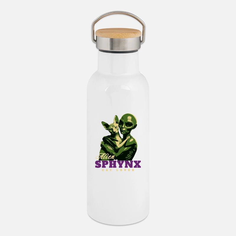 Green Alien Sphynx Cat Lover - Thermal Bottle with Bamboo Lid - white