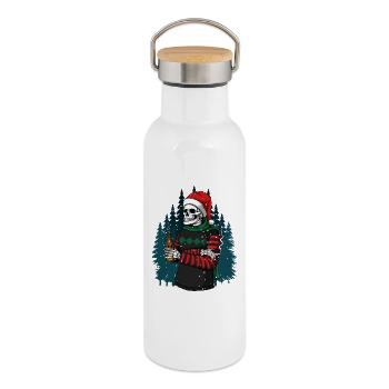 Skelett mit Santa-Hut trinkt Bier im Winterwald - Thermosflasche mit Bambusdeckel - Weiß - Rechts