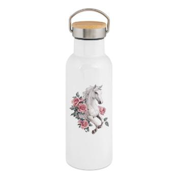 Pferd mit Rosen - Thermosflasche mit Bambusdeckel - Weiß - Rechts