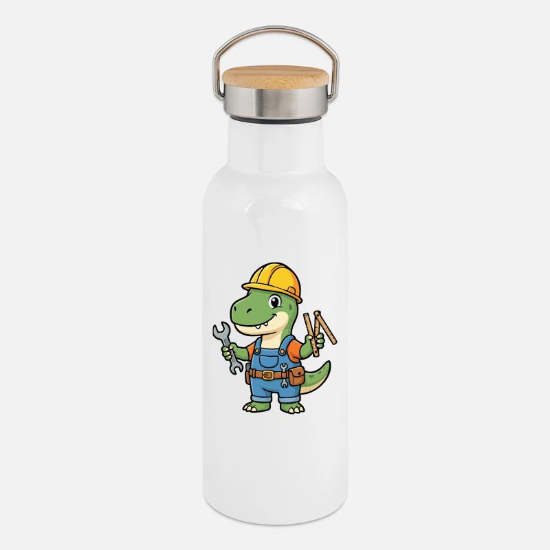 Dino construction worker with tools - Thermal Bottle with Bamboo Lid - white