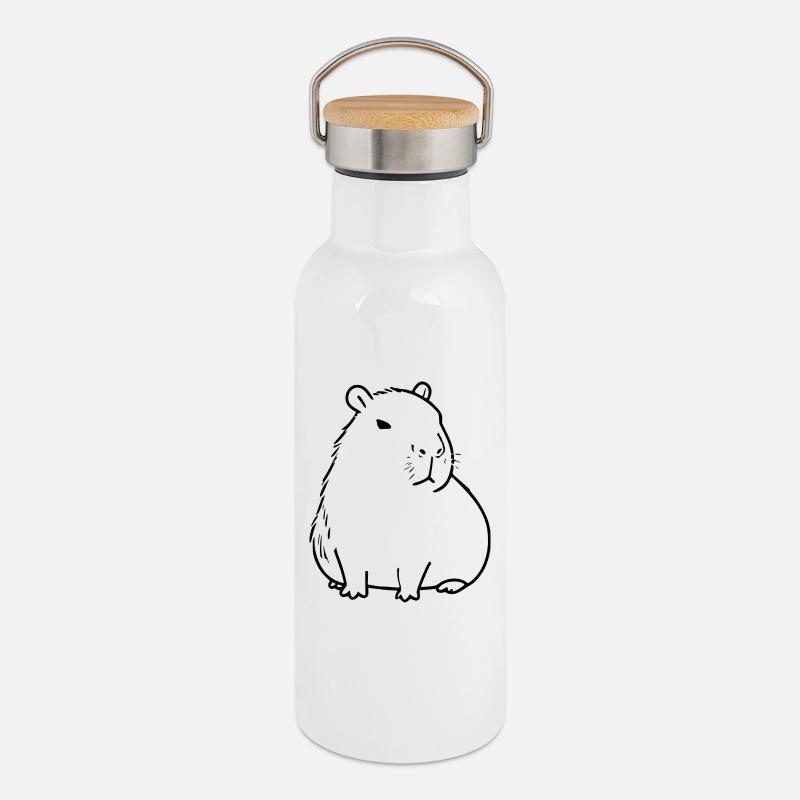 Capybara capybara noir - Gourde isotherme avec bouchon en bambou - blanc