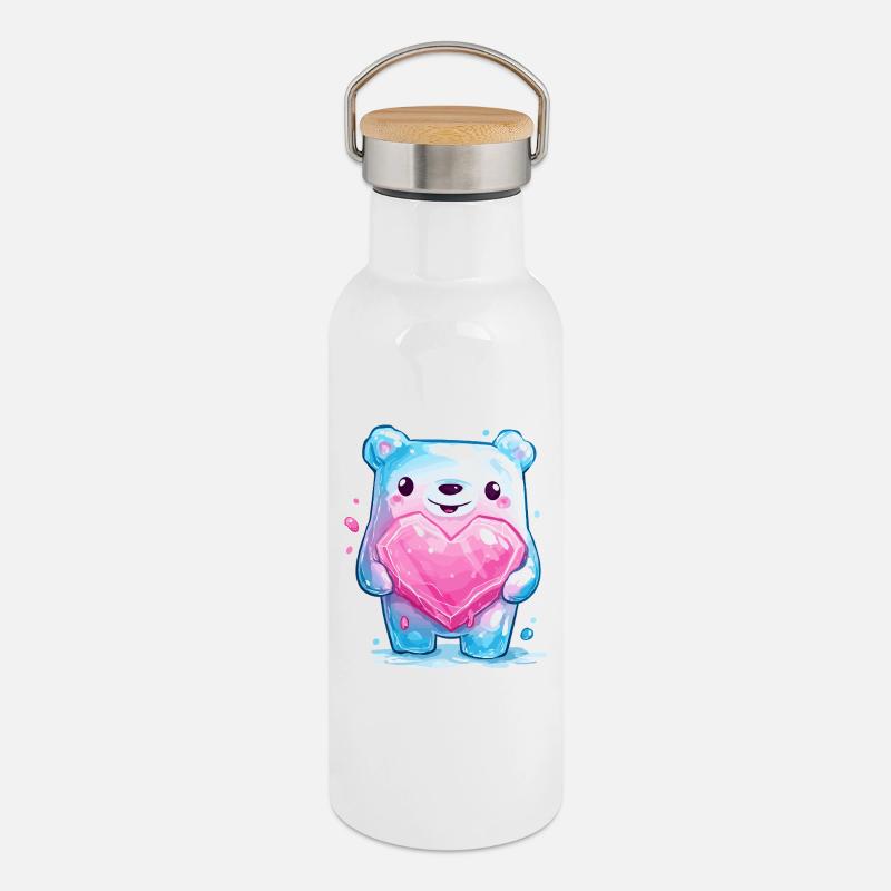 Kuschelbär mit Herzkristall - Thermosflasche mit Bambusdeckel - Weiß