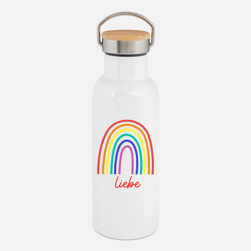 Regenbogen Liebe Schriftzug - Thermosflasche mit Bambusdeckel - Weiß