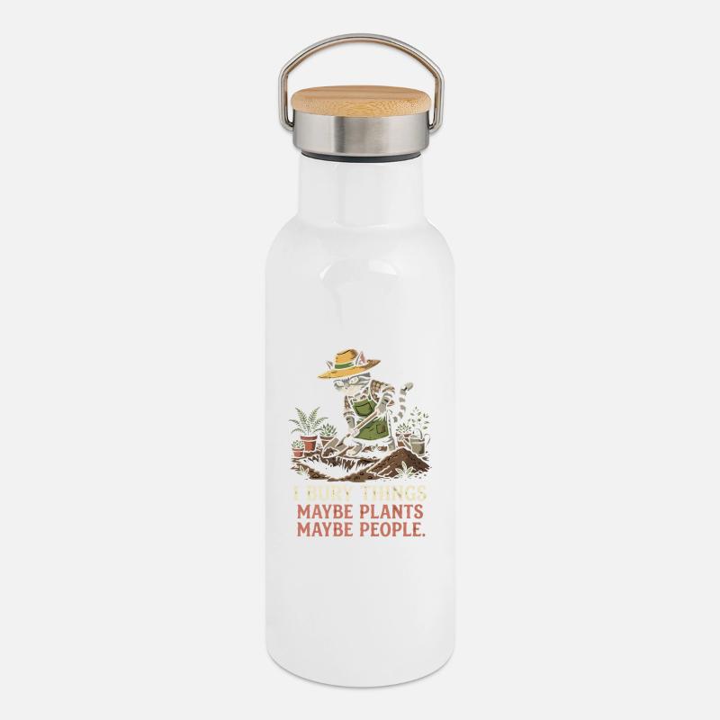 Cat gardener: Digs plants laughs - Thermal Bottle with Bamboo Lid - white