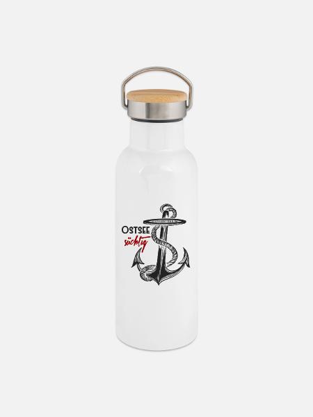 Ostsee-süchtig - Anker - Thermosflasche mit Bambusdeckel - Weiß