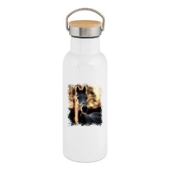 Pferd - Goldener Schimmel - Thermosflasche mit Bambusdeckel - Weiß - Rechts