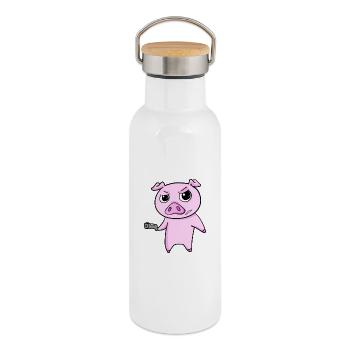 Pig with pistol - Thermal Bottle with Bamboo Lid - white - Right