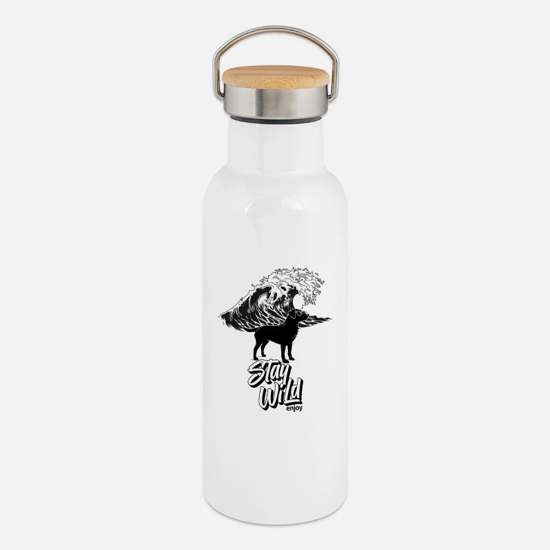 Silhouette du surfeur du mur d’eau - Gourde isotherme avec bouchon en bambou - blanc