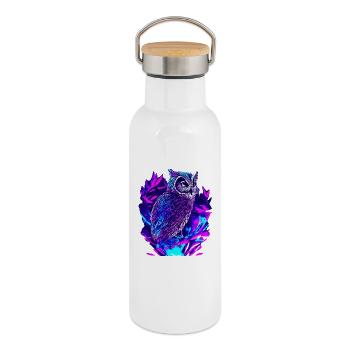 Neon Eule Psychedelische Eulen Kunst - Thermosflasche mit Bambusdeckel - Weiß - Rechts