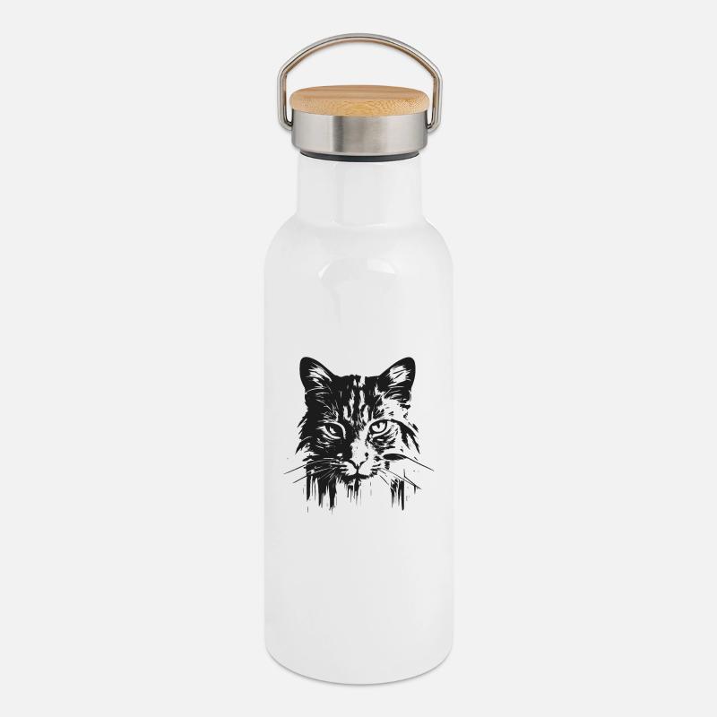 Katze 3 - Thermosflasche mit Bambusdeckel - Weiß