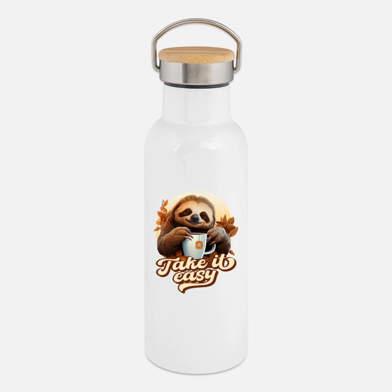 Cute Sloth Drinking Tea, Take It Easy, Saying - Thermal Bottle with Bamboo Lid - white
