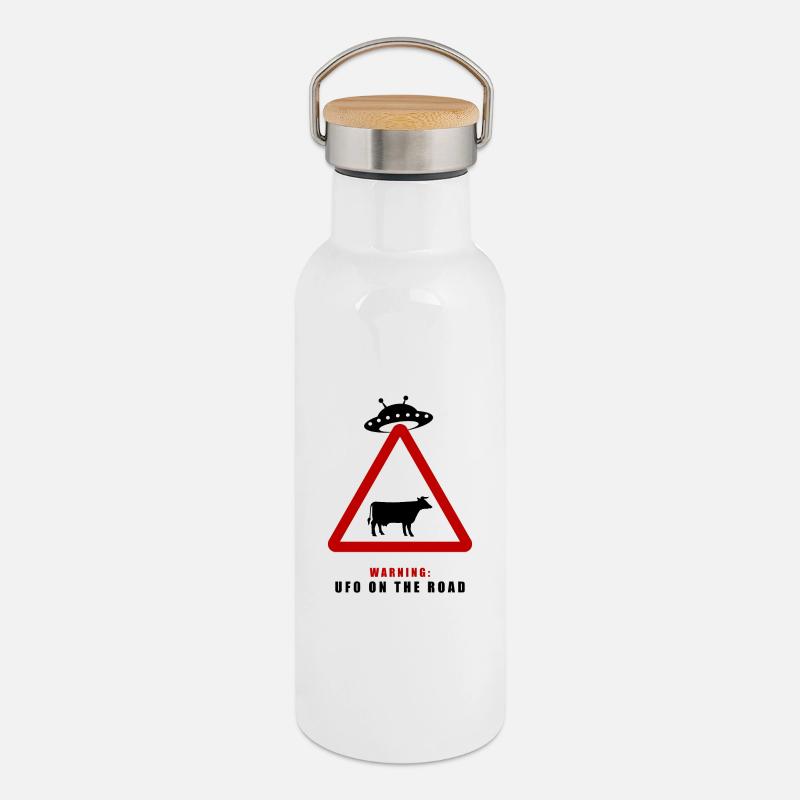 Warning! UFO on the road! - Thermal Bottle with Bamboo Lid - white