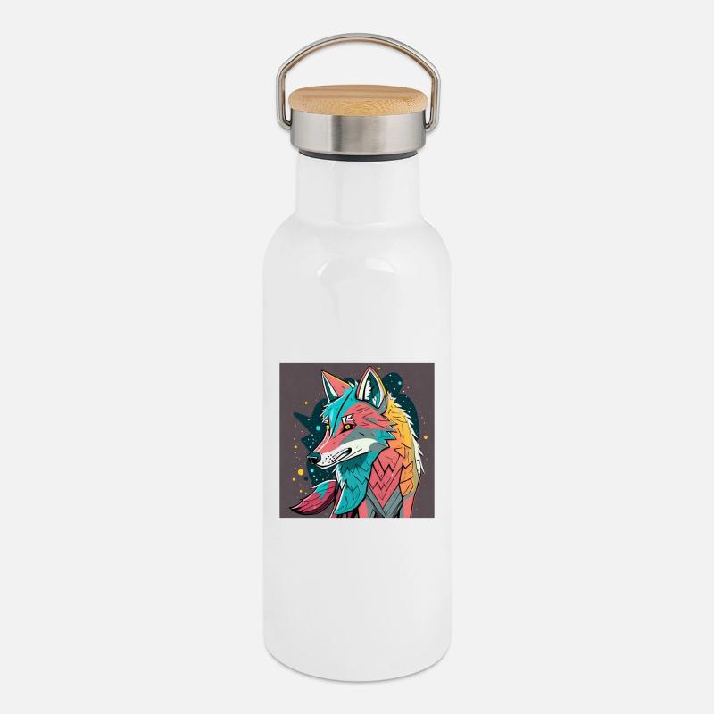 Geometrischer Wolf Farbexplosion - Thermosflasche mit Bambusdeckel - Weiß