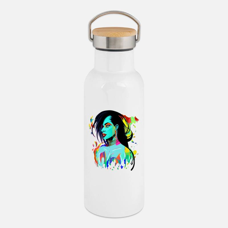 Explosion de couleurs de portrait néon - Gourde isotherme avec bouchon en bambou - blanc