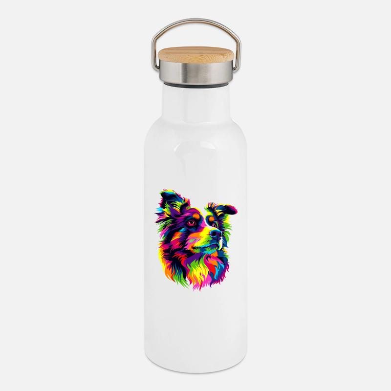 Pastore australiano colori vivaci Pop Art Aussie - Borraccia termica con tappo in bambù - bianco