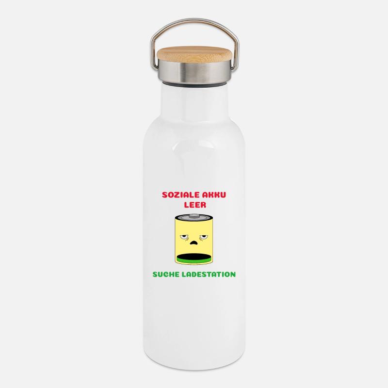 Battery empty, search charging station - Thermal Bottle with Bamboo Lid - white