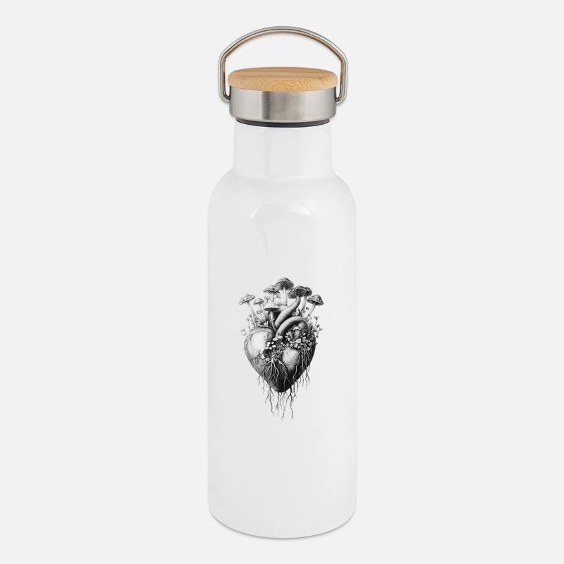 Champignons, Champignons, Fleurs, Botanique - Gourde isotherme avec bouchon en bambou - blanc