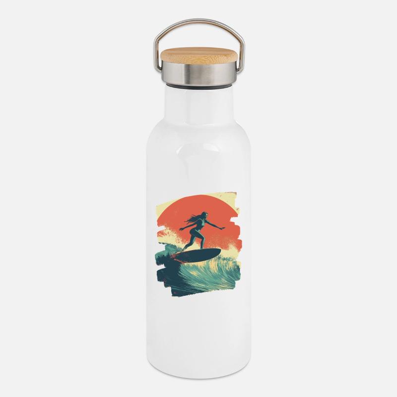 Surfeur - Gourde isotherme avec bouchon en bambou - blanc