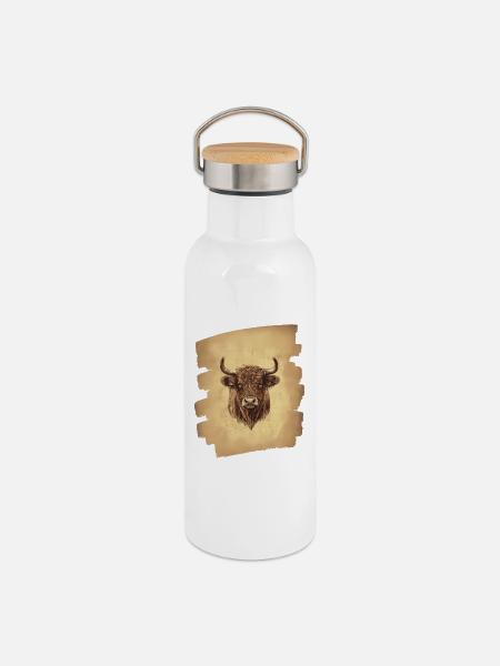 Schottisches Hochlandrind - Thermosflasche mit Bambusdeckel - Weiß
