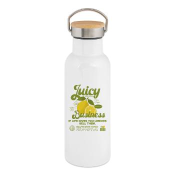 Motif citron pour les chemises d’affaires - Gourde isotherme avec bouchon en bambou - blanc - Droite