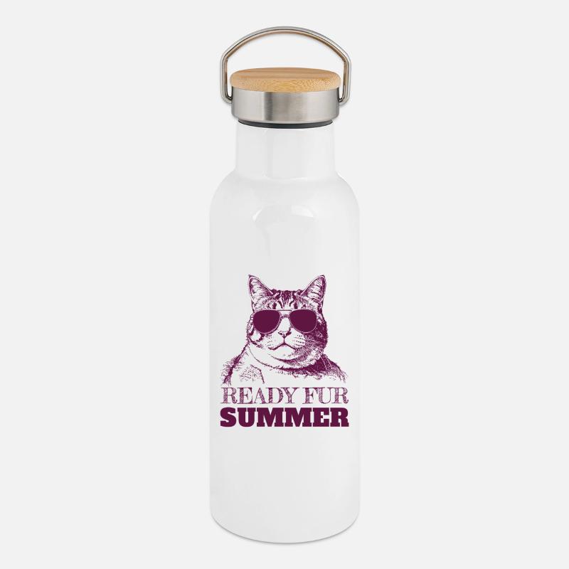 Chonky Cat ready for summer - Thermal Bottle with Bamboo Lid - white