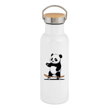 Ours câlin Panda sur planche à roulettes - Gourde isotherme avec bouchon en bambou - blanc - Droite