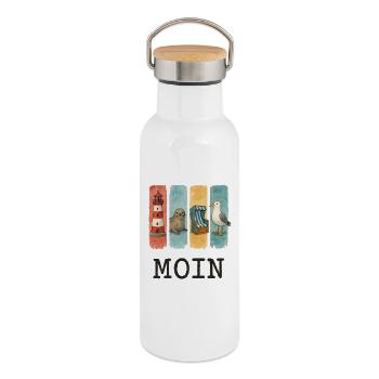 Phare de Moin, chaise de plage avec phoques, côte des mouettes - Gourde isotherme avec bouchon en bambou - blanc - Droite
