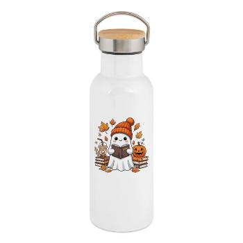 Autumn harvest ghost with pumpkin - Thermal Bottle with Bamboo Lid - white - Right